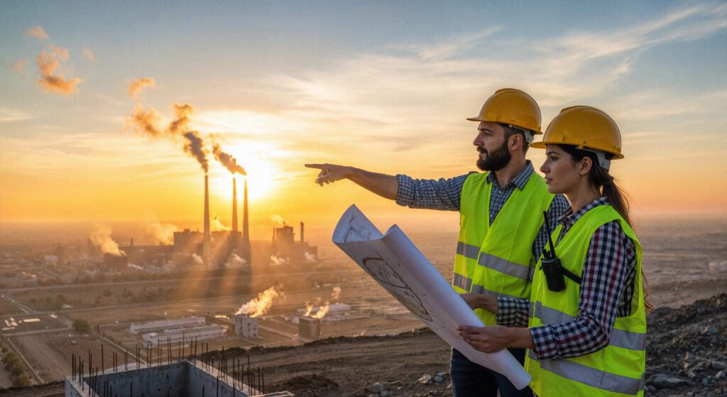 construction workers inspecting industrial site sunset